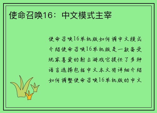 使命召唤16：中文模式主宰