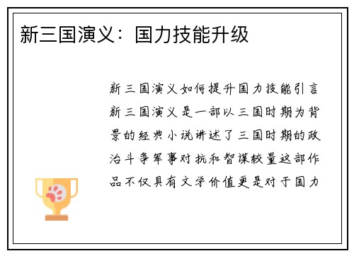 新三国演义：国力技能升级