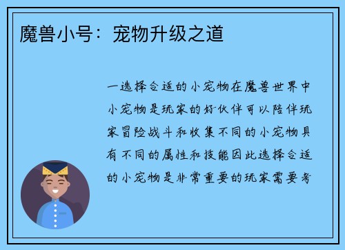 魔兽小号：宠物升级之道